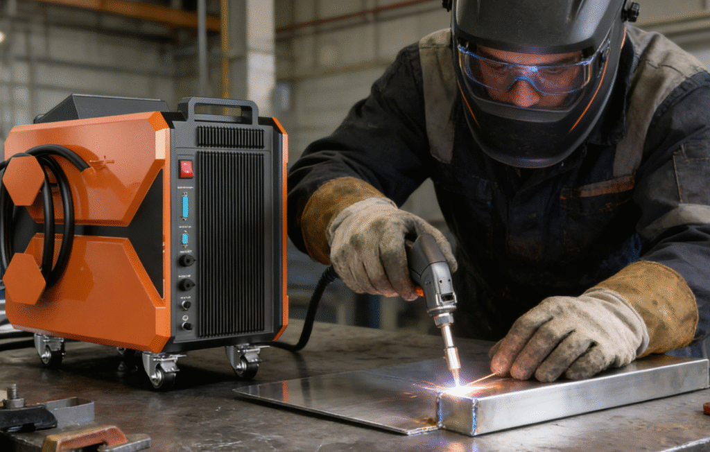 Worker using handheld laser welding machine on stainless steel sheet metal part
