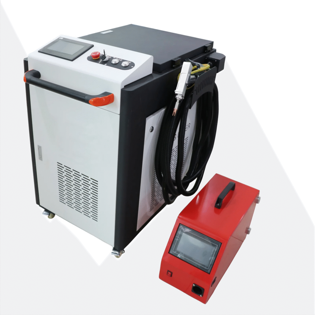Handheld laser welding machine in metal fabrication workshop