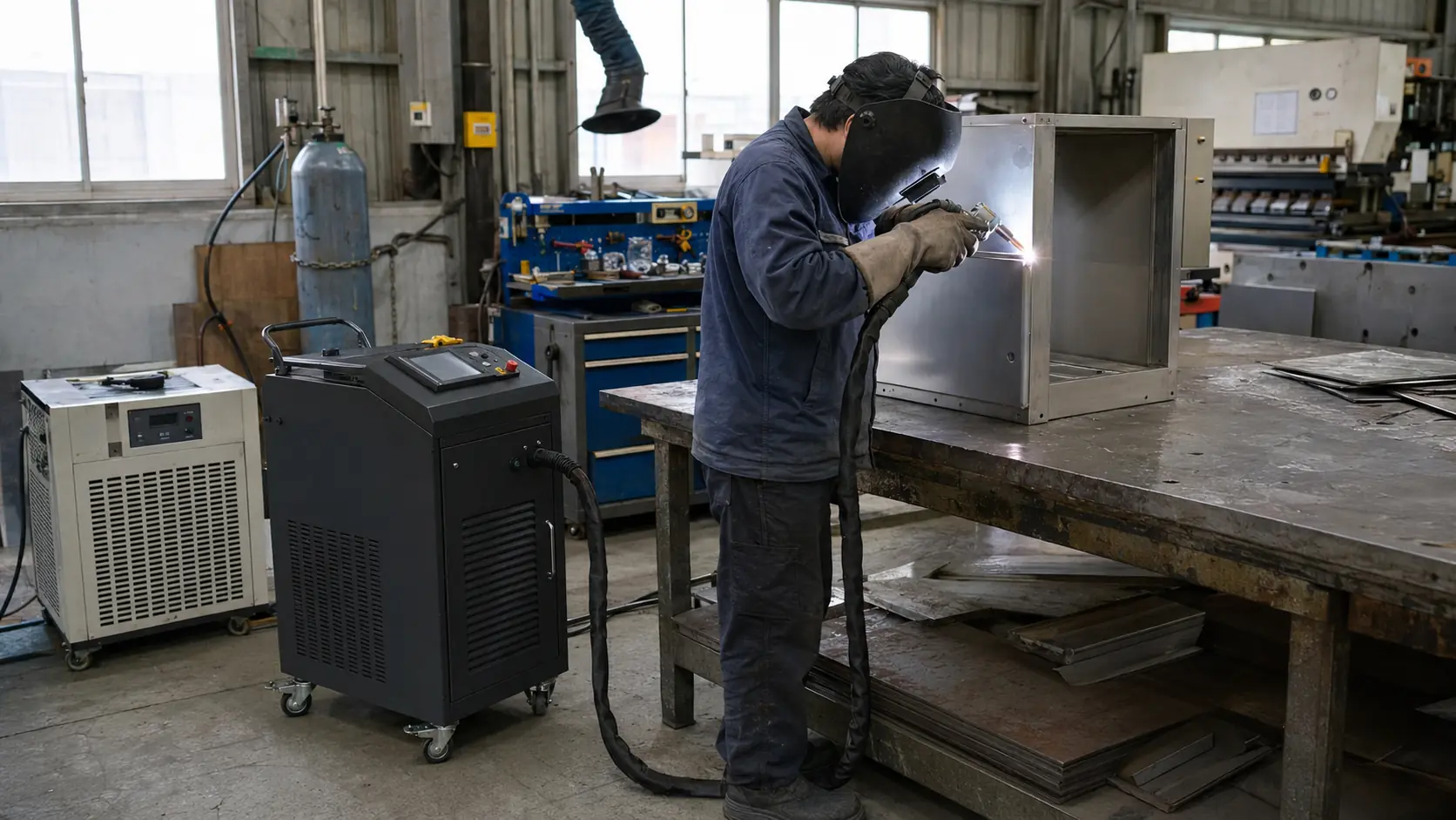 alt="Operator using a water-cooled handheld laser welding machine in a sheet metal workshop"
