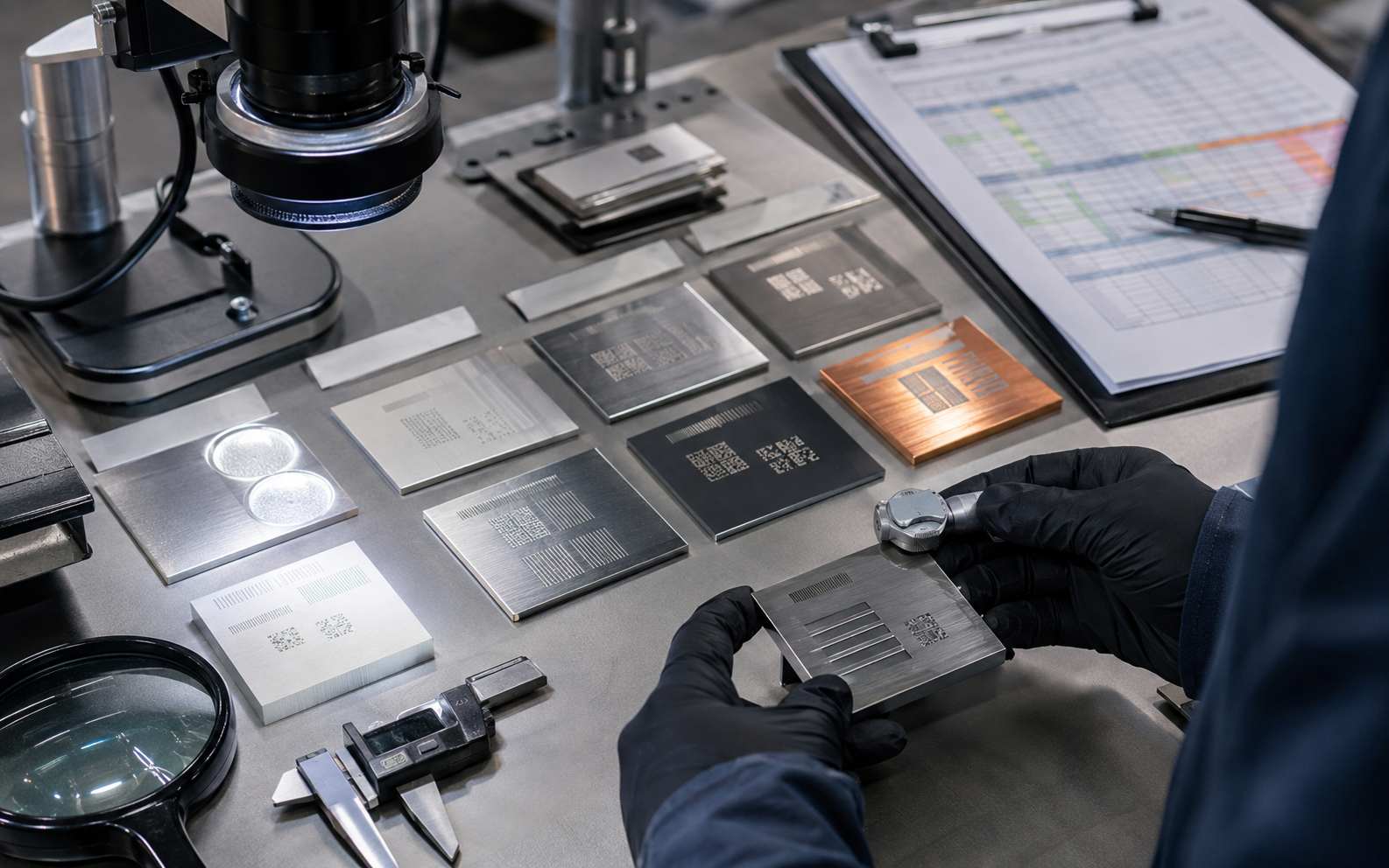 Fiber laser power and metal marking sample test